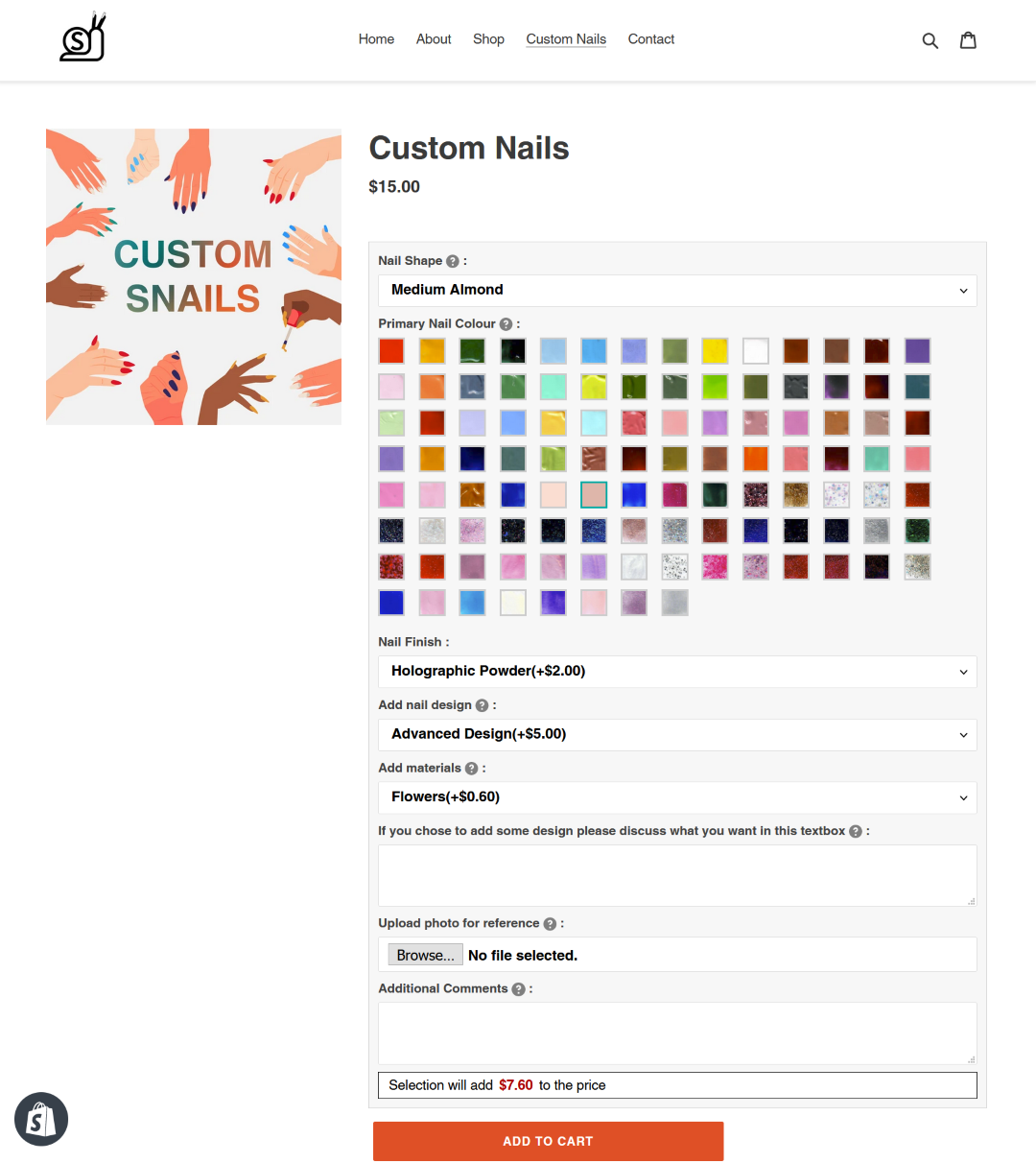 This was the page for Custom Nails, and my main goal with supporting this entrepreneur. Starting at $15 and increasing based on your selection. Swatches for all the polish colours available - but she can mix custom too! I also added the option to upload photos as before buyers had to message their inspiration photo via social media if they had one, now it's easier to track with the order.